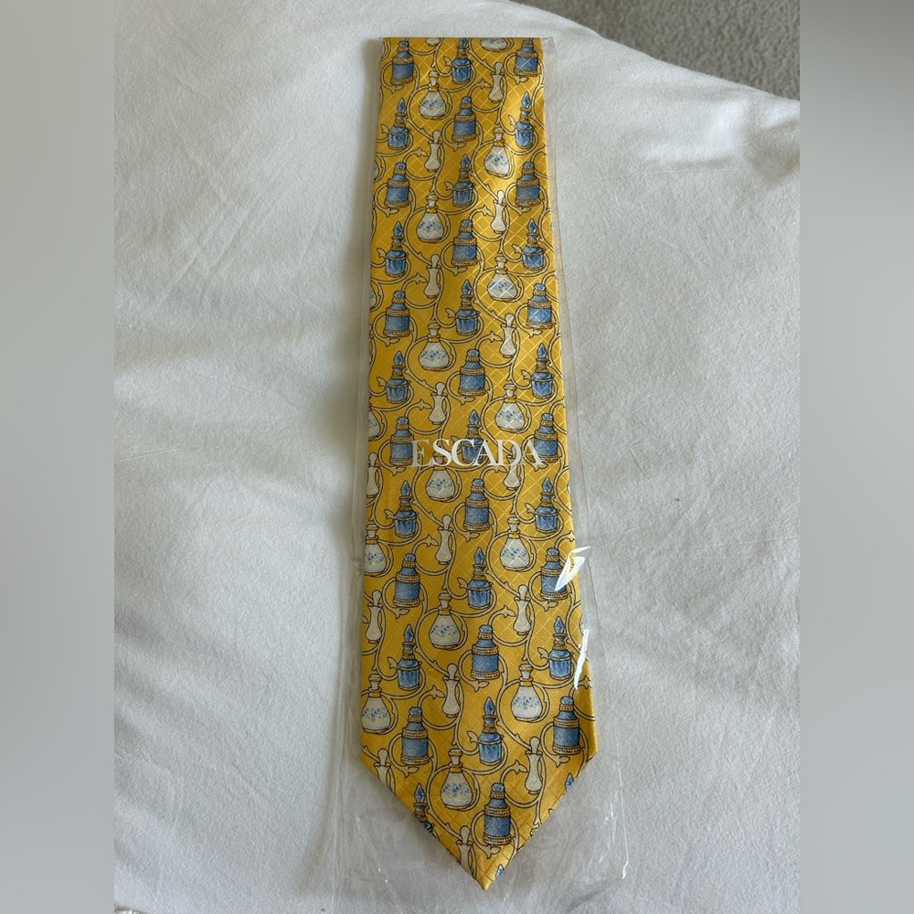 Escada Yellow and Blue Silk Tie with Geometric Pattern